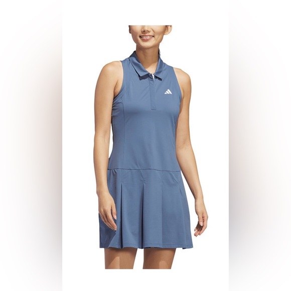Adidas Sleeveless Collared Pleated Blue Golf Dress Size M Zip Pockets - Picture 1 of 7